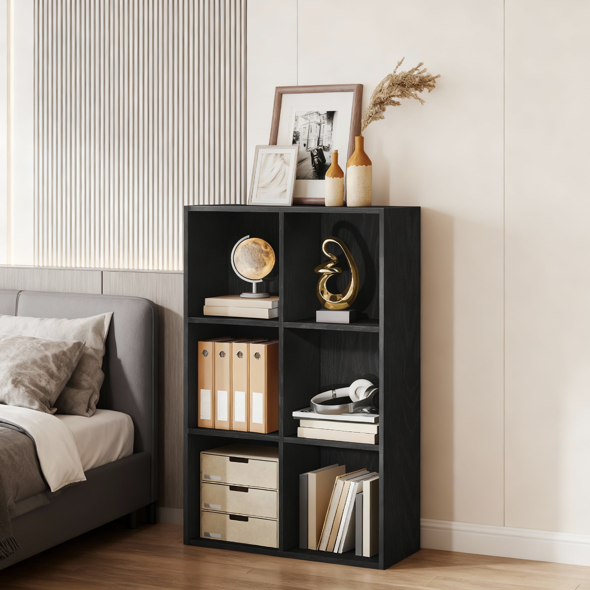 LEDREM 6-Compartment Cube Bookshelf with Open Storage, Multifunctional Bookcase and Display Shelf for Living Room Home Office Dining Room, Ebony Black