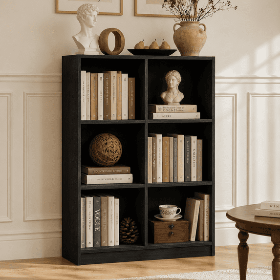 LEDREM 6 Cube Bookshelf with Open Storage Organizer, Bookcase and Display Shelf for Living Room Home Office Dining Room, Ebony Black
