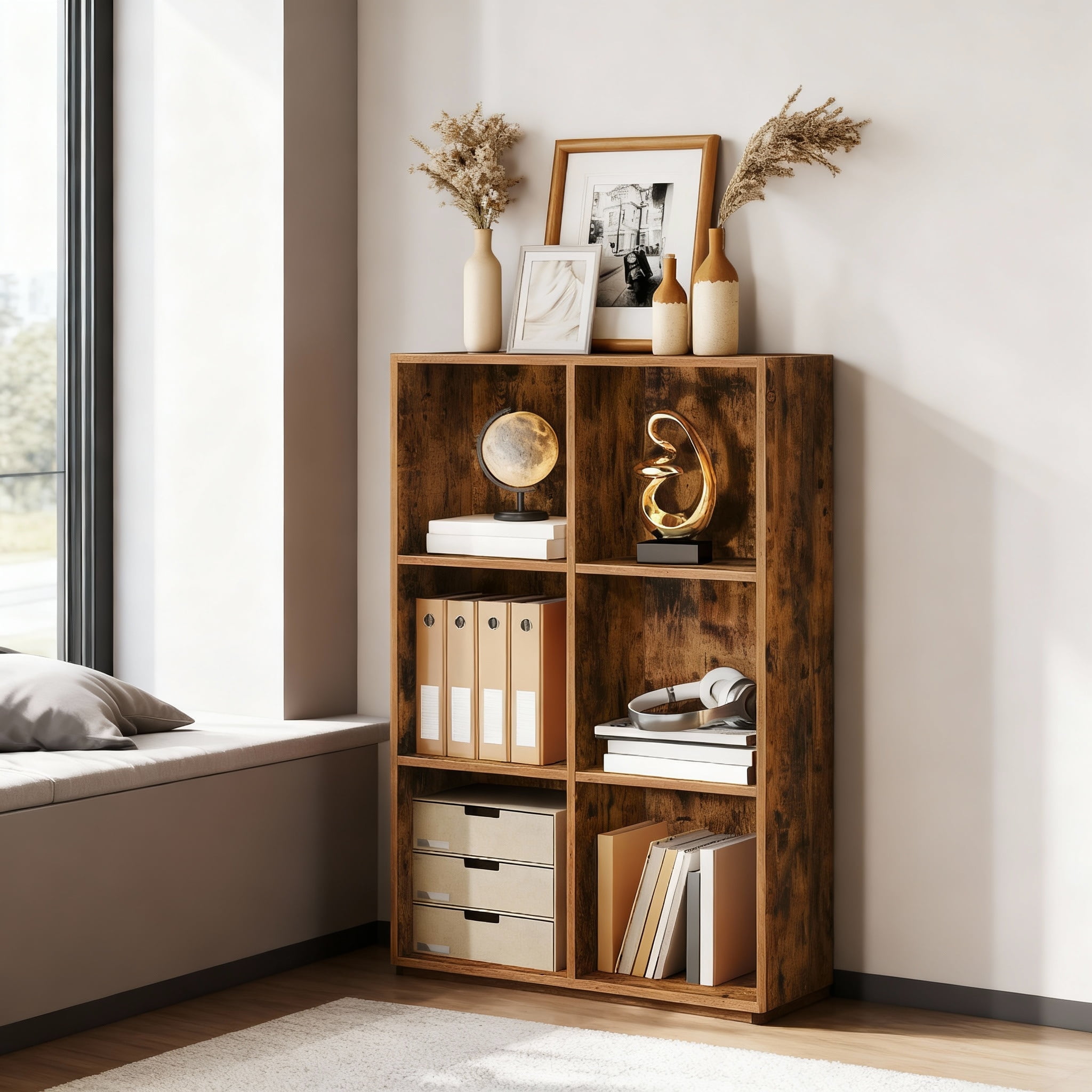 LEDREM 6-Compartment Cube Bookshelf with Open Storage, Multifunctional Bookcase and Display Shelf for Living Room Home Office Dining Room, Rustic Brown