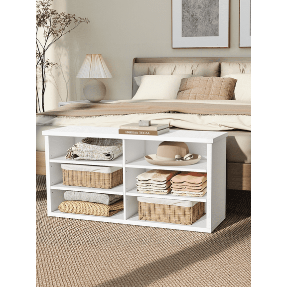 LEDREM 6-Compartment Shoe Bench with Adjustable Shelves, Storage Bench for Entryway, Living Room and Dorm, 39.4" W, Cloud White