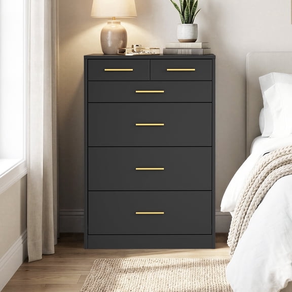 LEDREM 6-Drawer Bedroom Dresser, Wood Storage Cabinet with Easy Pull Out Handles, Anti-Tip Storage Cabinet, Rectangle TV Console for Closet, Hallway, Living Room & Dressing Room, Black