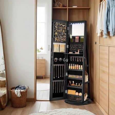 LEDREM 360° Rotatable Jewelry Armoire Cabinet With Lock, 6 LED & Borderless Full Length Mirror, Storage Rack & Partition