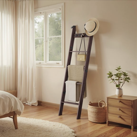 LEDREM 6-Tier Blanket Ladder Shelf with 4 Hooks, Farmhouse Storage Rack for Living Room Decor, Maroon Brown