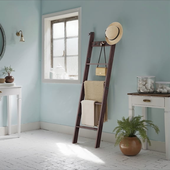 LEDREM 6-Tier Blanket Ladder Shelf with 4 Hooks, Farmhouse Storage Rack for Living Room Decor, Maroon Brown