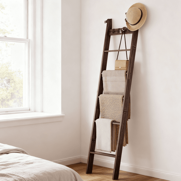 LEDREM 6-Tier Farmhouse Blanket Ladder Shelf, Leaning Storage Rack with 4 Hooks for Living Room Decor, Maroon Brown