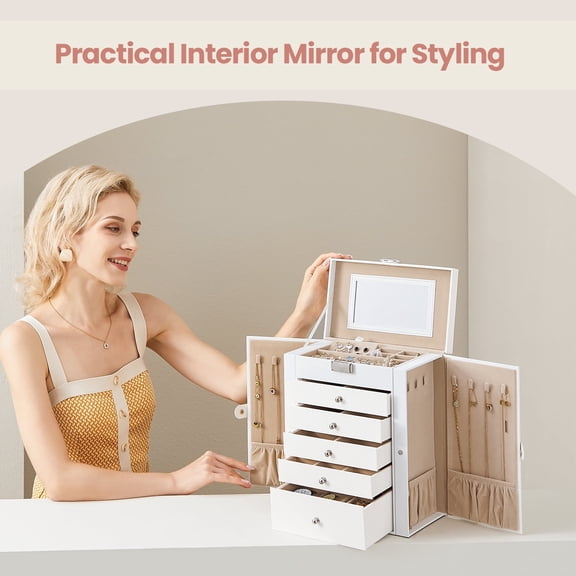 LEDREM 6-Layer Jewelry Organizer, Jewelry box With Lock & Looking Glass, For Rings, Necklaces, Big Depository Space, PU Leather, White