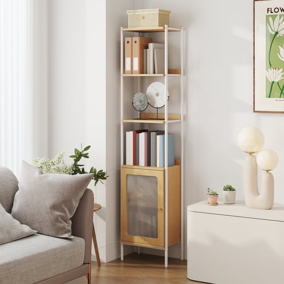 LEDREM 6-Tier Slim Bookcase with PC Door, Adjustable Freestanding Storage Shelf, Vertical Bookshelf with Metal Frame, Oak Beige and Pearl White