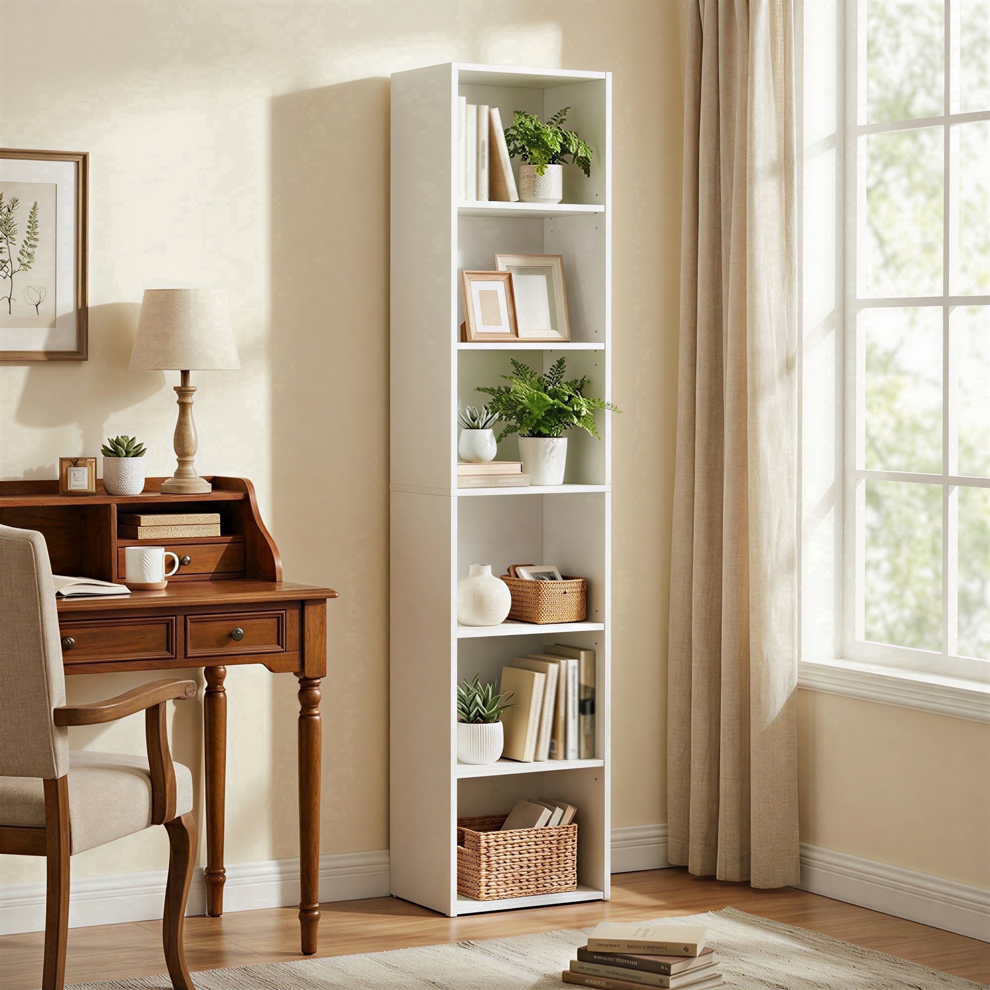 LEDREM 6-Tier Bookshelf with Adjustable Open Shelves, Tall Bookcase Space-Saving for Living Room Home Office, Cloud White