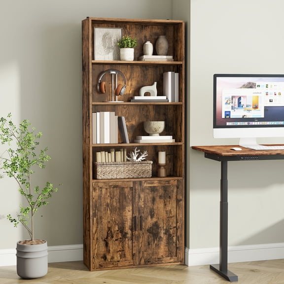 LEDREM 6-Tier Tall Bookshelf with Doors and Open Shelves, Adjustable Storage Bookcase for Living Room Home Office Dining Room, Rustic Brown