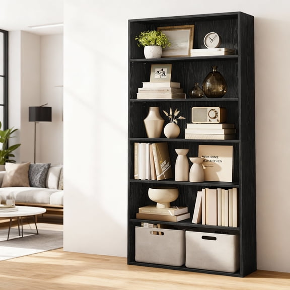 LEDREM 6-Tier Wide Bookshelf with Adjustable Open Shelves, Tall Bookcase for Living Room Home Office Dining Room, Space-Saving, Ebony Black