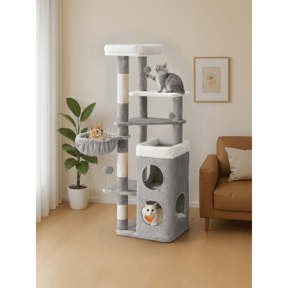 LEDREM 60-Inch Multi-Level Cat Tree Tower with 2 Caves, 3 Scratching Posts & 3 Perches, Plush Cat Condo for Indoor Cats, Dove Gray