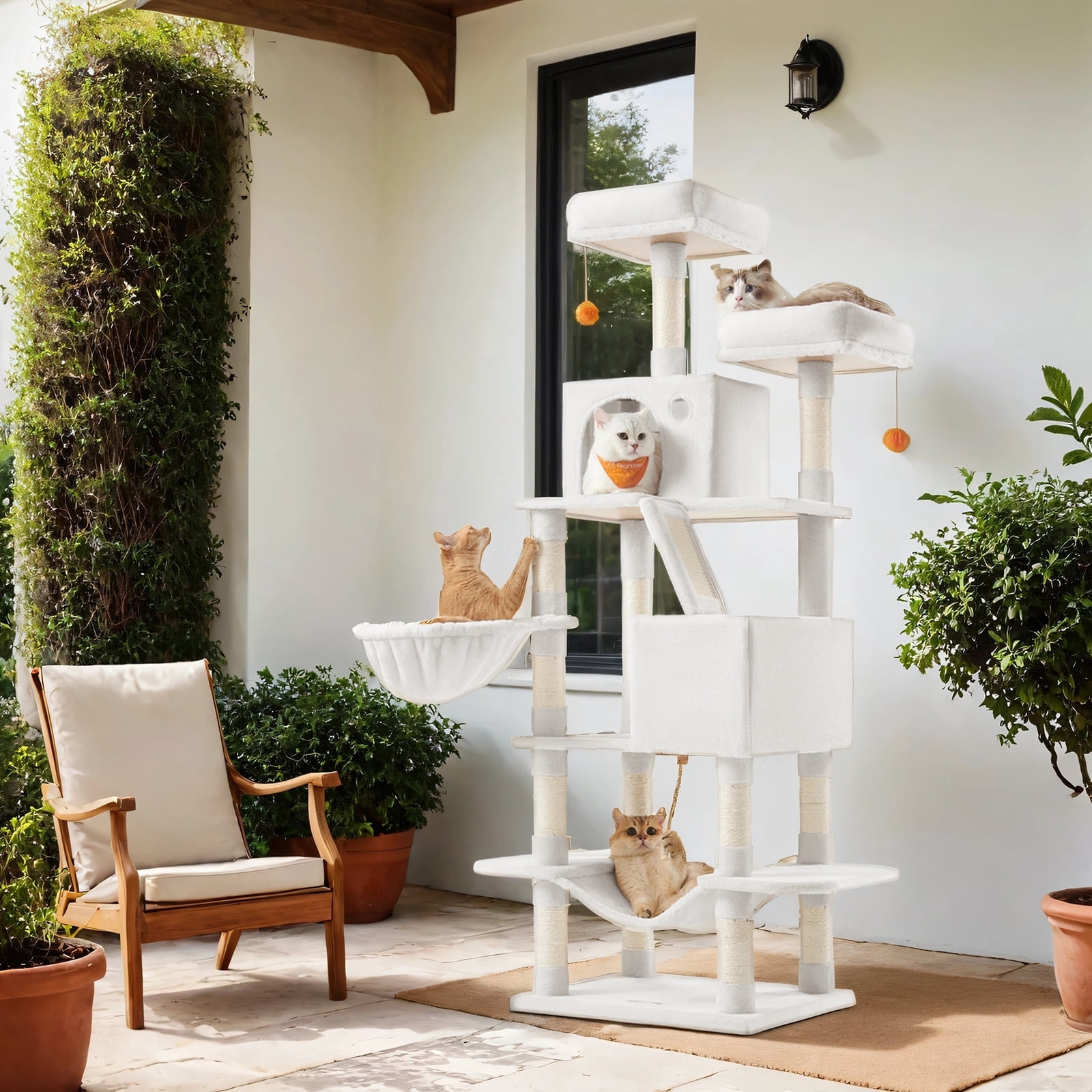 LEDREM 66.1-Inch Multi-Level Cat Tree Tower with 2 Perches, 2 Caves, Hammock & 13 Scratching Posts – Plush Climbing Condo for Indoor Cats, Cream White