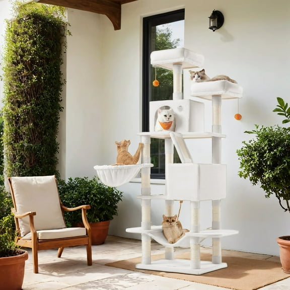 LEDREM 66.1-Inch Multi-Level Cat Tree Tower with 2 Perches, 2 Caves, Hammock & 13 Scratching Posts – Plush Climbing Condo for Indoor Cats, Cream White