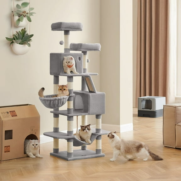 LEDREM 66.1-Inch Multi-Level Cat Tree with 2 Perches, 2 Caves, Hammock & 13 Scratching Posts – Plush Climbing Tower for Indoor Cats, Light Gray