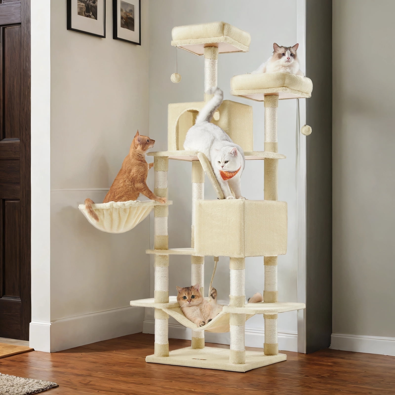 LEDREM 66.1" Large Cat Tree - 13 Scratching Posts, 2 Perches & 2 Caves, Multi-Level Plush Cat Condo with Hammock, Beige