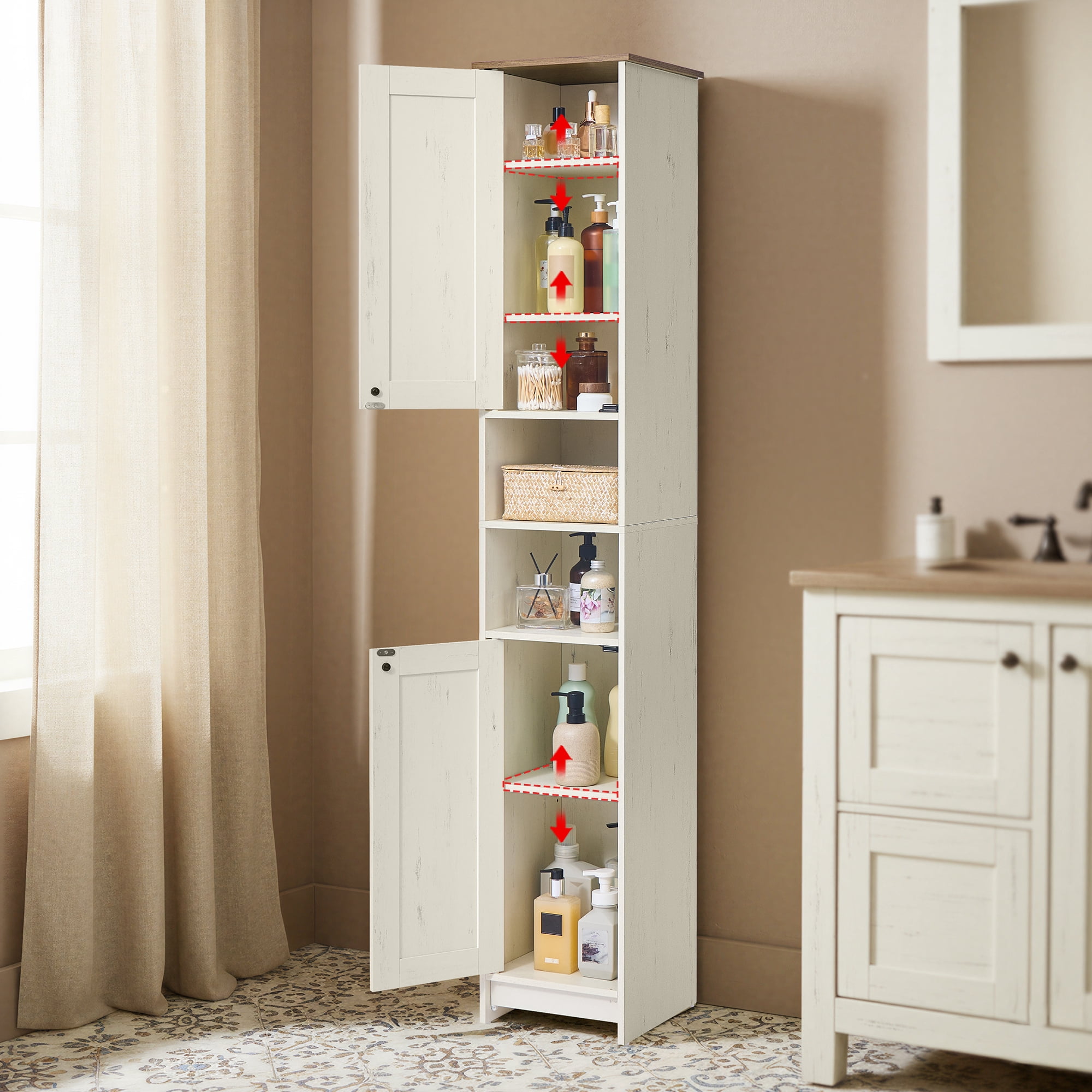 LEDREM 66.9-Inch Tall Storage Cabinet with Toolless Assembly, Slim Narrow Cabinet with Adjustable Shelves & Open Compartments, for Bathroom, Living Room, Rustic White