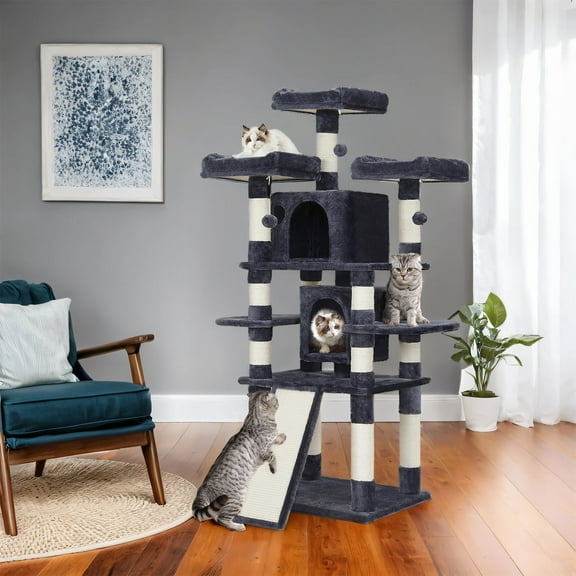 LEDREM 67-Inch Multi-Level Cat Tree for Large Cats - 3 Perches, 2 Caves & Sisal Scratching Posts - Sturdy Cat Tower with Anti-Tip Design, Smoky Gray