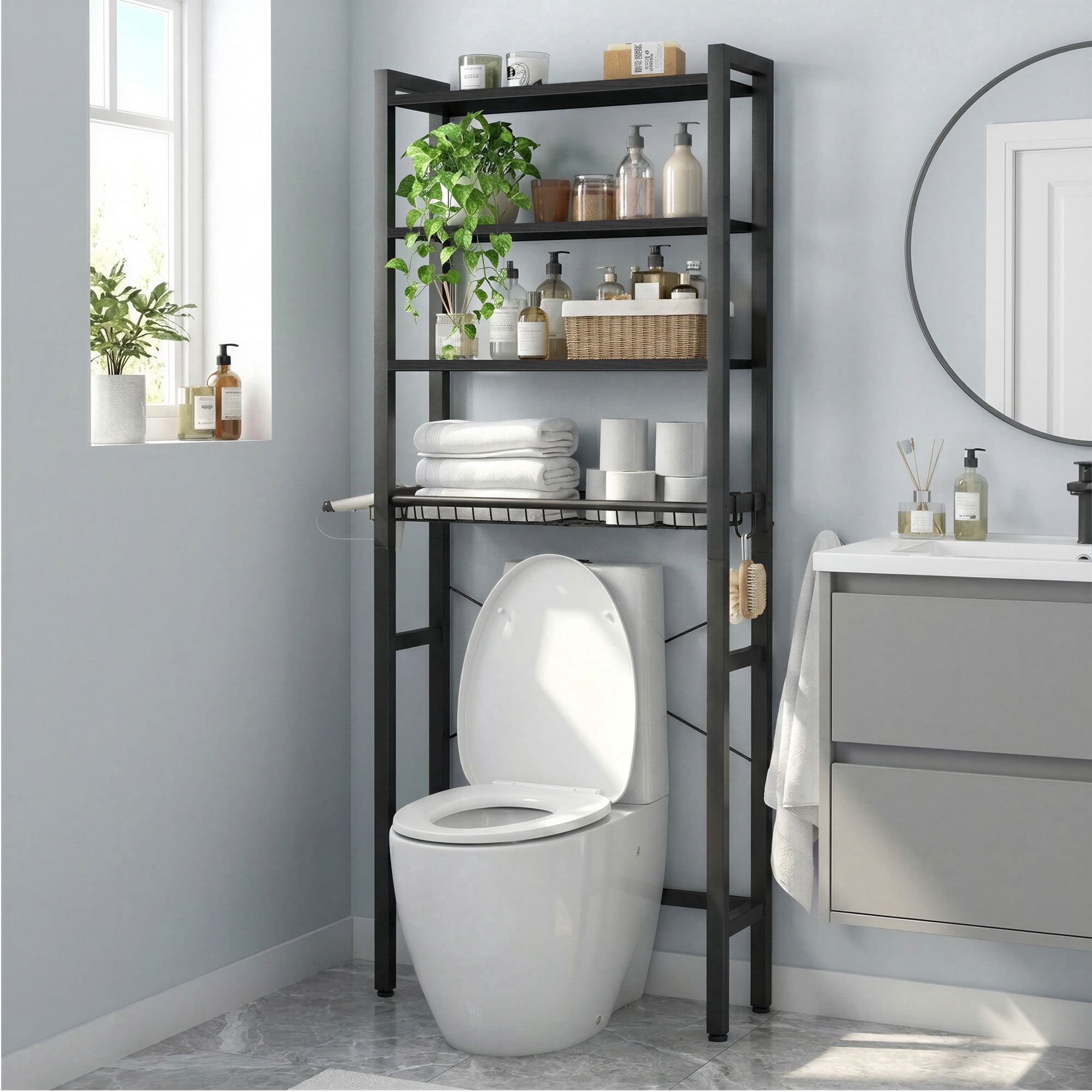 LEDREM 68.1-Inch Over-the-Toilet Storage Organizer, 4-Tier Bathroom Shelf with Adjustable Shelves, Basket & 3 Hooks, Space-Saving Design, Ebony Black