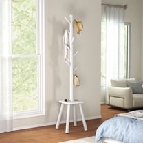 LEDREM 69.2-Inch Freestanding Coat Rack with 8 Hooks and Storage Shelf, 4-Leg Base Design for Coats, Hats, and Bags, Cloud White