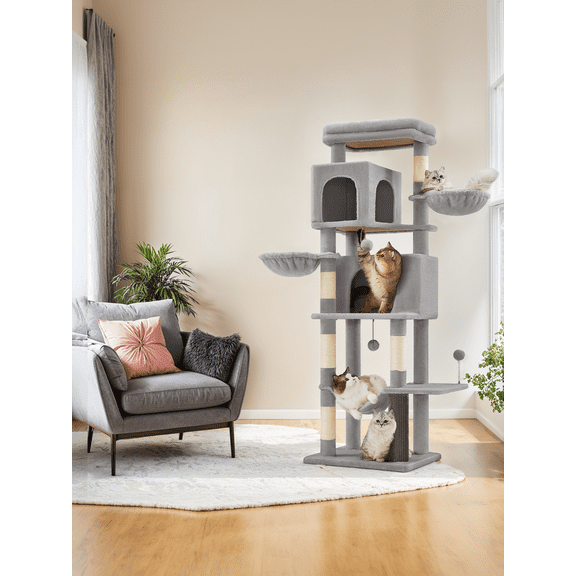 LEDREM 69-Inch Tall Cat Tree with 2 Caves and Hammock, Multi-Level Sisal Post Cat Tower with Plush Fabric and Anti-Tip Kit for Multi-Cat Households