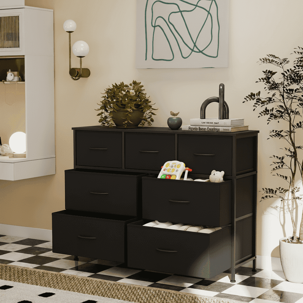 7 drawer black dresser for bedroom Ledrem Dresser, Steel Frame Storage Cabinet, Anti-Slip Adjustable Feet Tower Storage Fabric Dresser, Nightstand Hallway, Closet, theme: 2000s | #dresstoimpress patchwork shirts Size:UK 12 | EU 38 | US 08 game room