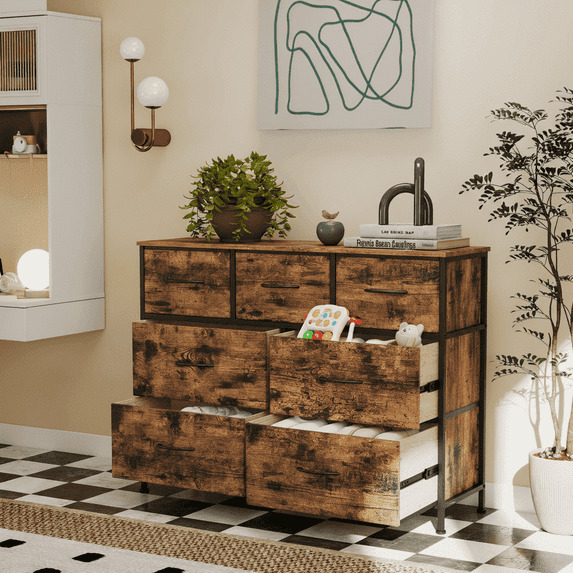 LEDREM 7 Drawer Dresser, Steel Frame Storage Cabinet, Anti-Slip Adjustable Feet Tower Storage Fabric Dresser, Nightstand for Hallway, Closet, Bedroom and Living Room, Rustic Brown