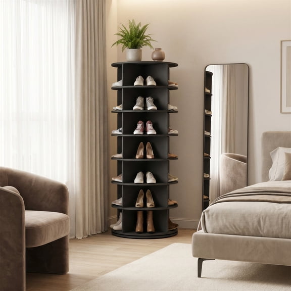 LEDREM 7-Tier Rotating Shoe Rack Tower, 360° Spinning Lazy Susan Organizer for 28 Pairs, Free Standing Corner Storage, Black