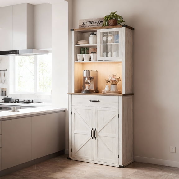 LEDREM 71-Inch Tall Kitchen Pantry Cabinet with Adjustable Lights, Built-In Charging Station, Doors and Drawer, Adjustable Shelves, Farmhouse Coffee Bar, Rustic White