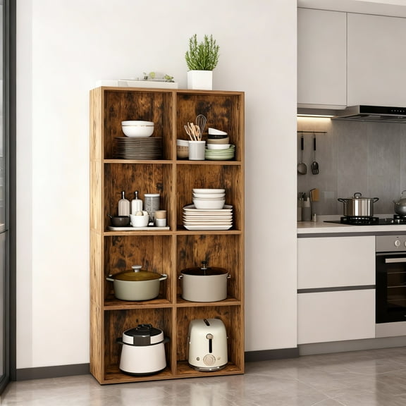 LEDREM 8-Compartment Cube Bookshelf with Open Storage, Multifunctional Bookcase and Display Shelf for Living Room Home Office Dining Room, Rustic Brown