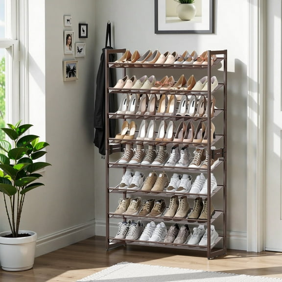 LEDREM 8-Tier Shoe Rack Organizer, Stackable & Adjustable Shelves (Flat,Angled), Metal Frame, Holds 32-40 Pairs, Convertible to 2x 4-Tier, Bronze