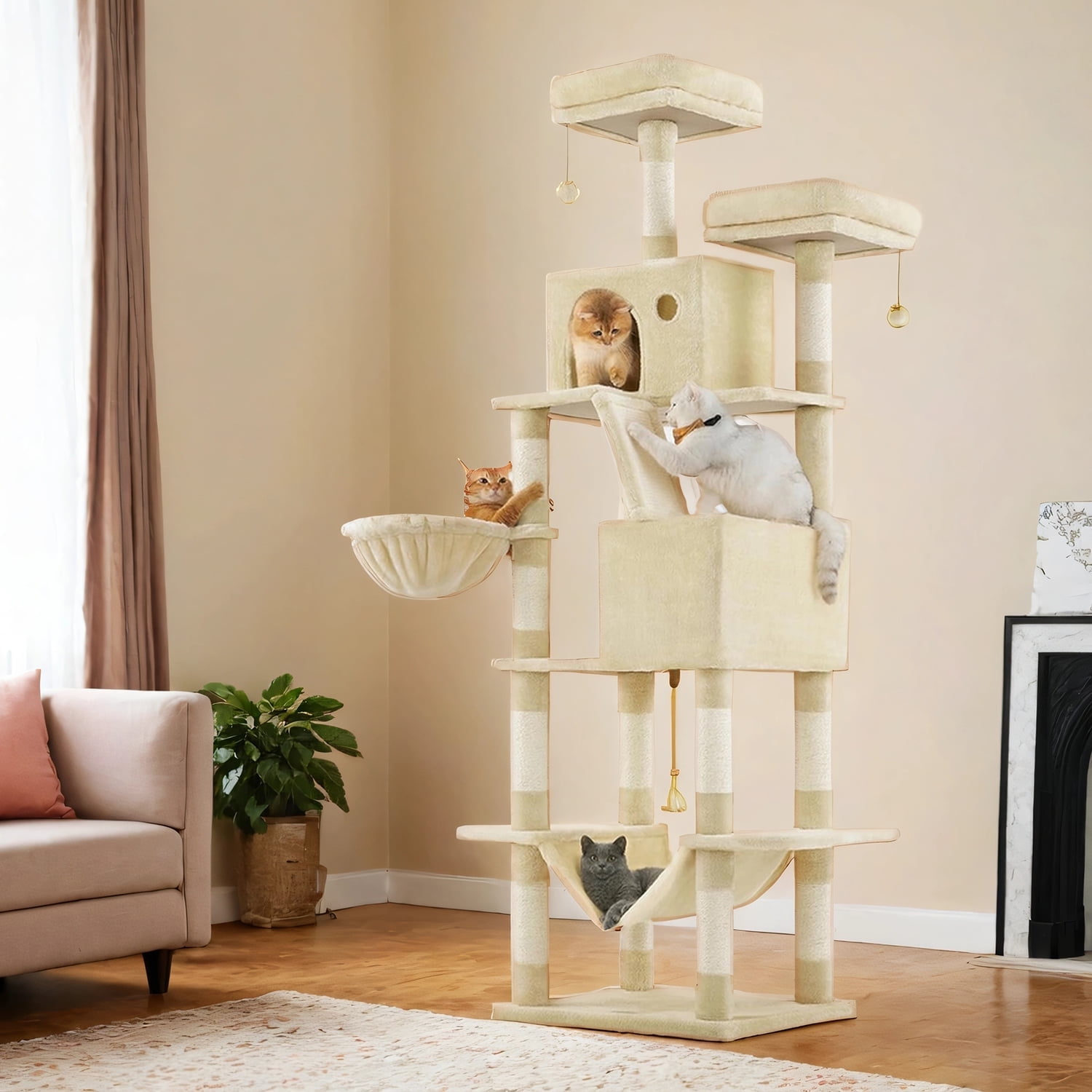LEDREM 81.1-Inch Cat Tree Tower with 13 Scratching Posts & Hammock - Multi-Level Cat Condo with 2 Perches & Caves for Large Cats, Beige