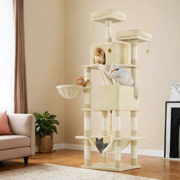 LEDREM 81.1-Inch Cat Tree Tower with 13 Scratching Posts & Hammock - Multi-Level Cat Condo with 2 Perches & Caves for Large Cats, Beige