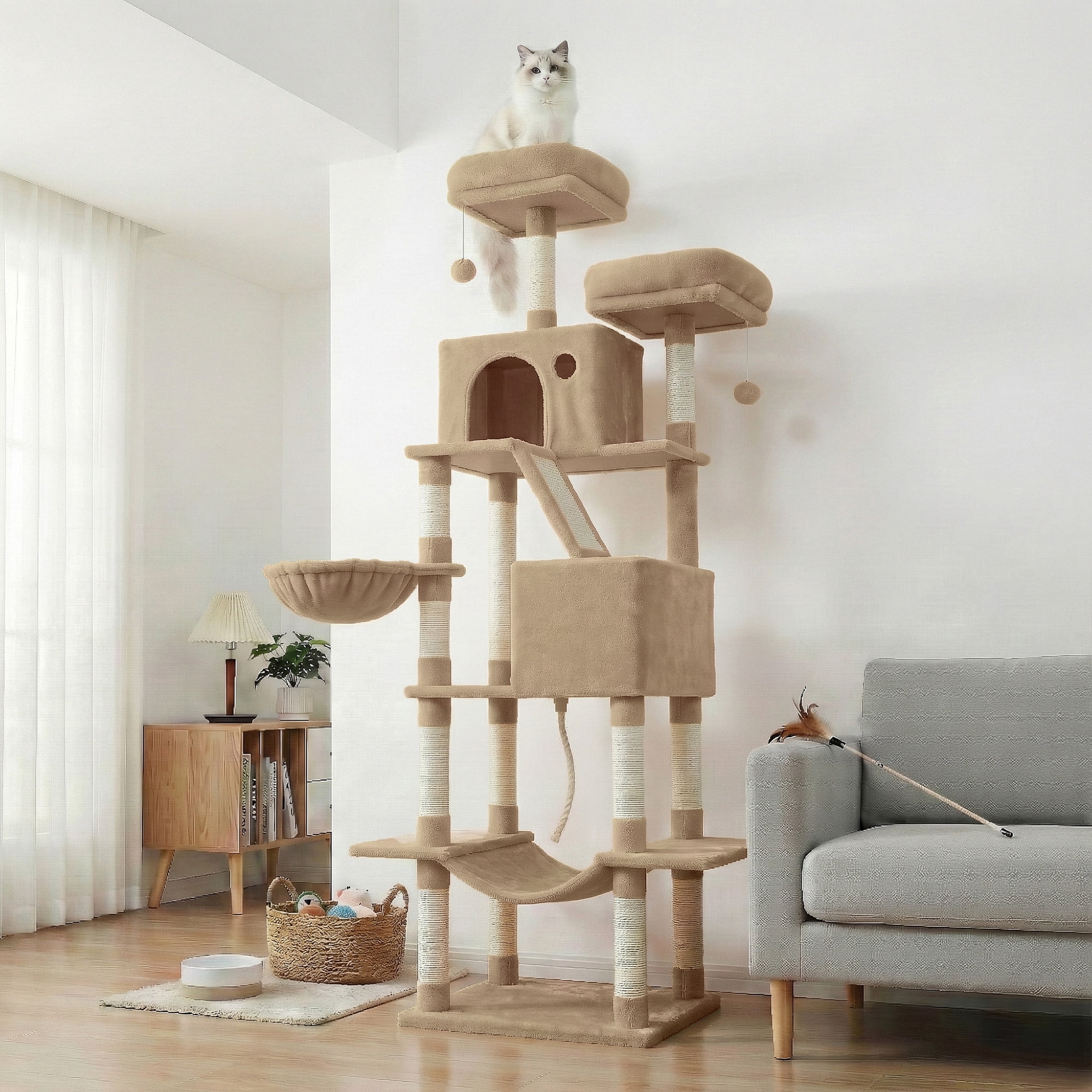 LEDREM 81.1-Inch Large Cat Tree Tower, Multi-Level Cat Condo with 13 Scratching Posts, 2 Perches, 2 Caves, Hammock & Basket, Camel Brown