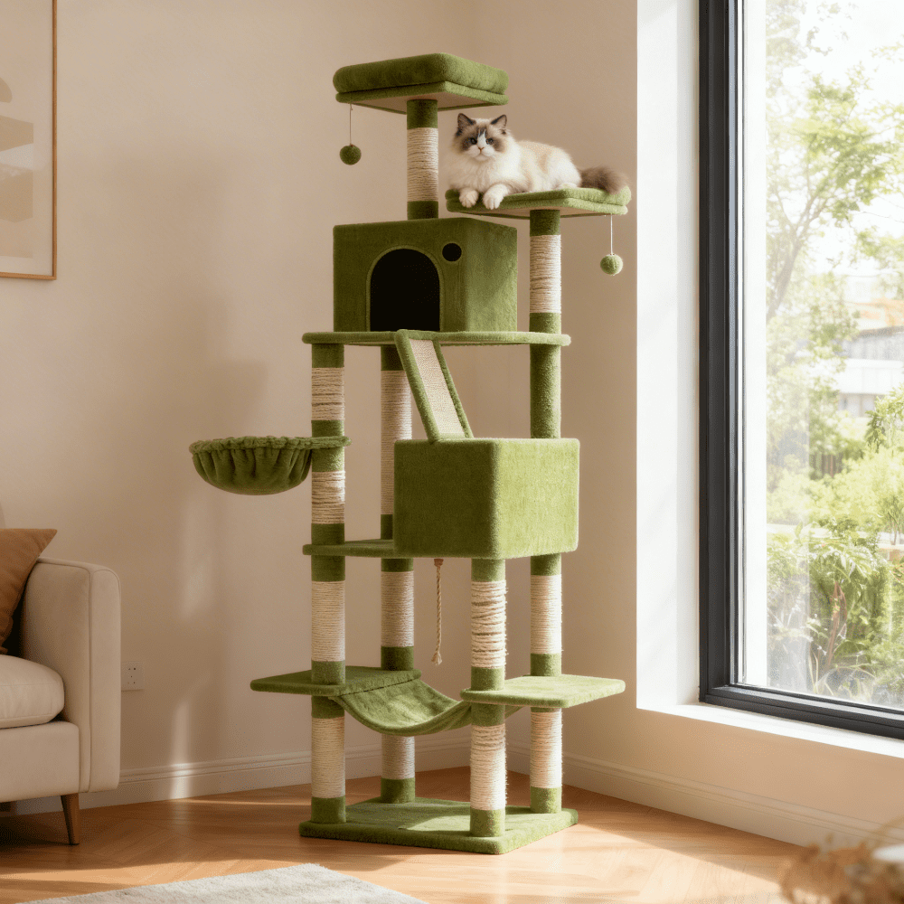 LEDREM 81.1-Inch Large Cat Tree Tower, Multi-Level Cat Condo with 13 Scratching Posts, 2 Perches, 2 Caves, Hammock & Basket, Green