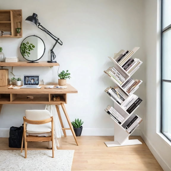 LEDREM 9-Tier Tree Bookshelf, Space-Saving Corner Bookcase for Living Room, Bedroom, Office, Holds 22lb/Shelf, Anti-Tip Design, Cloud White