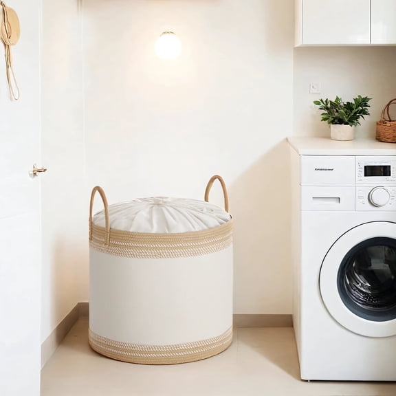 LEDREM 90L Laundry Hamper with Drawstring Lid & Handles, Sturdy Poly-Cotton Blend, Breathable Storage Basket for Clothes, Blankets, Bedroom, Living Room Camel Brown