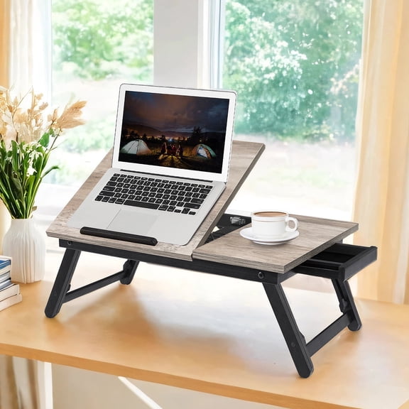 LEDREM Adjustable Bamboo Laptop Desk for Bed & Sofa, Tilting Tray Table with Folding Legs, Fits 15.6" Laptop, No Assembly, 22lb Capacity, Greige
