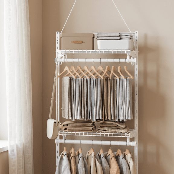 LEDREM Adjustable Closet Organizer System , 2-4 ft Metal Shelving Unit with 2 Hanging Rods & 2 Shelves , for Wardrobe Pantry Mudroom , Cloud White