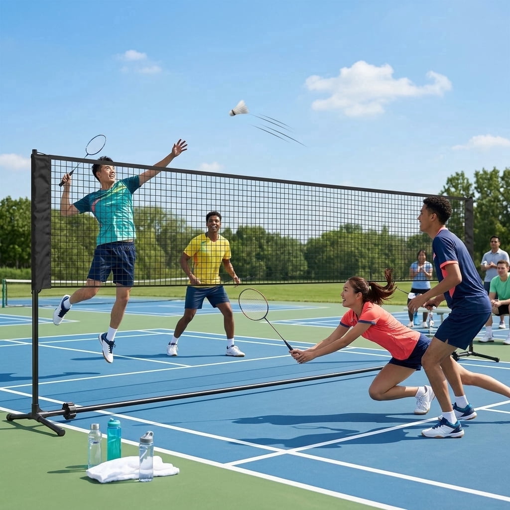 LEDREM Adjustable Height Badminton Net, Volleyball and Pickleball Net for Kids and Junior Tennis, 10-16.5 ft Wide Foldable Nylon Net with Poles