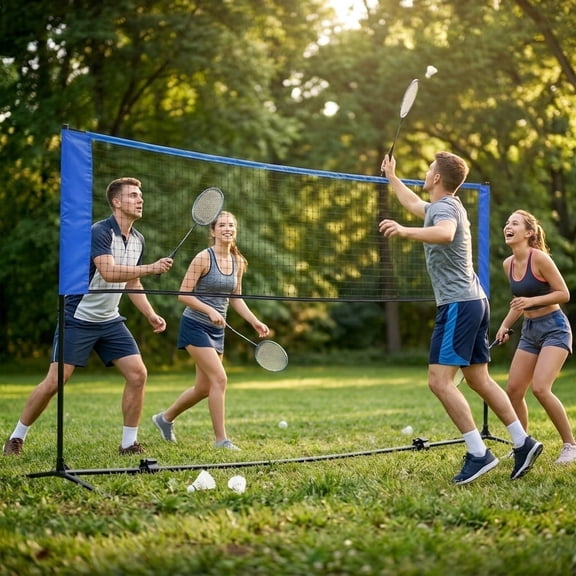 LEDREM Adjustable Height Badminton Net, Volleyball and Pickleball Net for Kids and Junior Tennis, 13 ft Wide Foldable Nylon Net with Poles, Blue