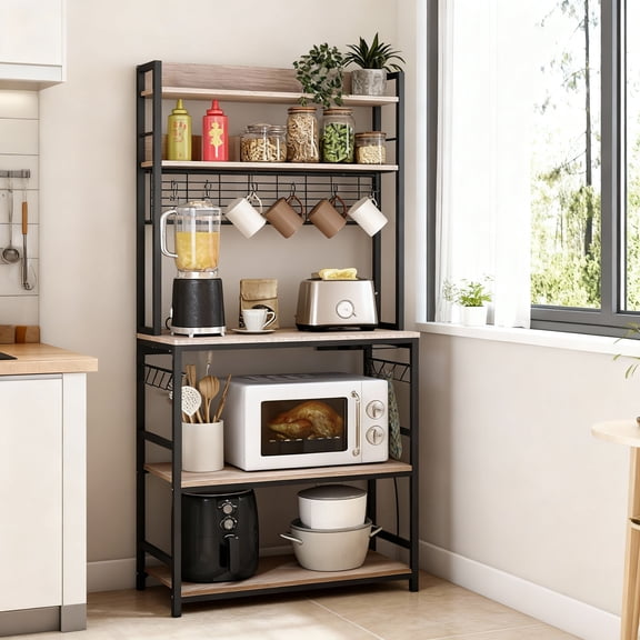 LEDREM Baker’s Rack with Power Outlet, Tall Kitchen Utility Shelf with Adjustable Middle Shelf, 14 Hooks, Microwave Stand, Heather Greige and Ink Black