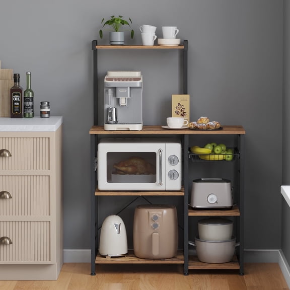 LEDREM Baker's Rack with Wire Basket and Hooks, Microwave Stand and Kitchen Storage Rack for Pots and Spices, Rustic Brown and Ink Black