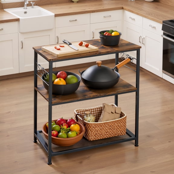 LEDREM Bakers Rack Kitchen Shelf with 3 Open Shelves and 6 Hooks, Industrial Kitchen Island and Microwave Stand, Multi-Purpose Metal Frame, Rustic Brown and Black