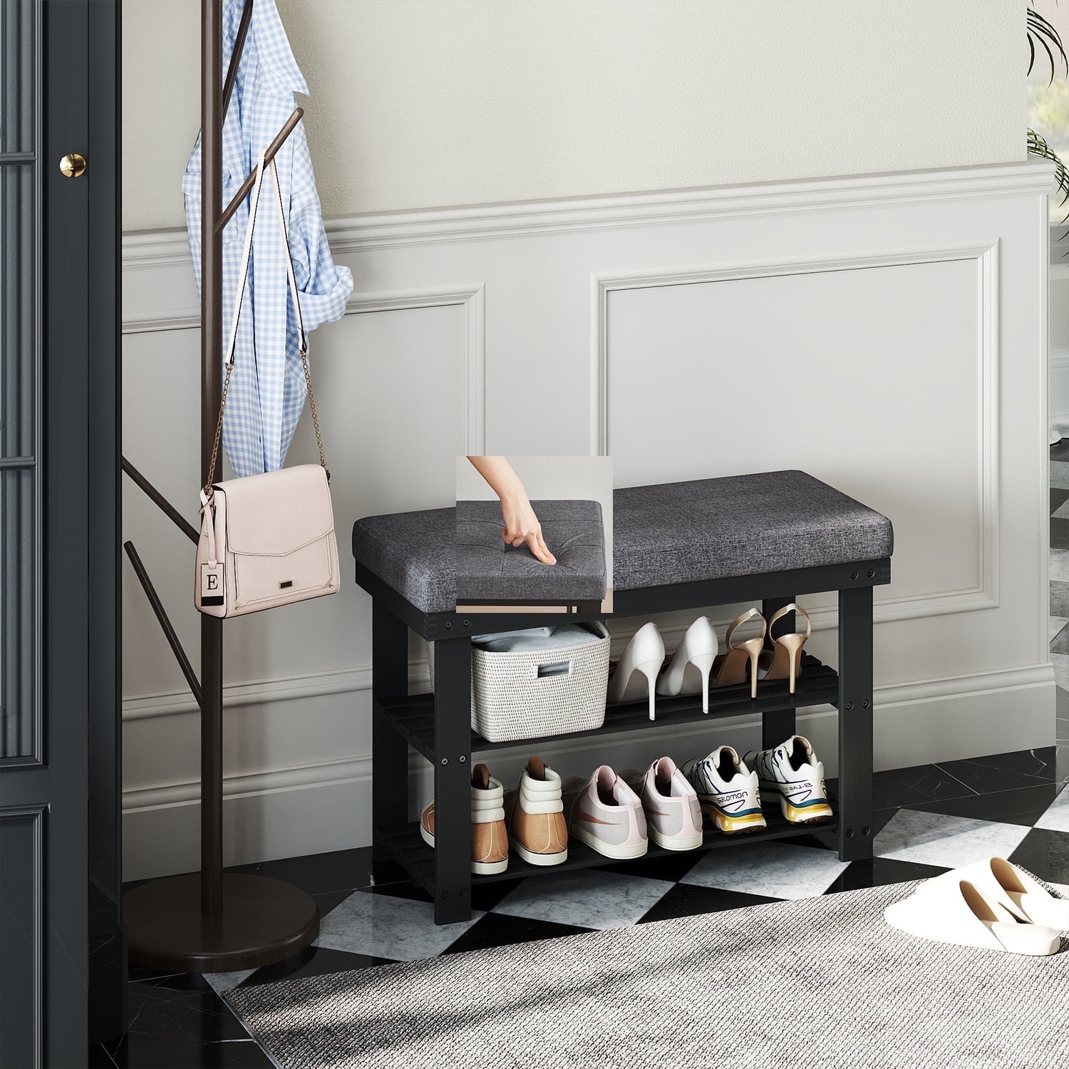 LEDREM Shoe Bench with Cushion, 3-Tier Sturdy Entryway Shoe Rack