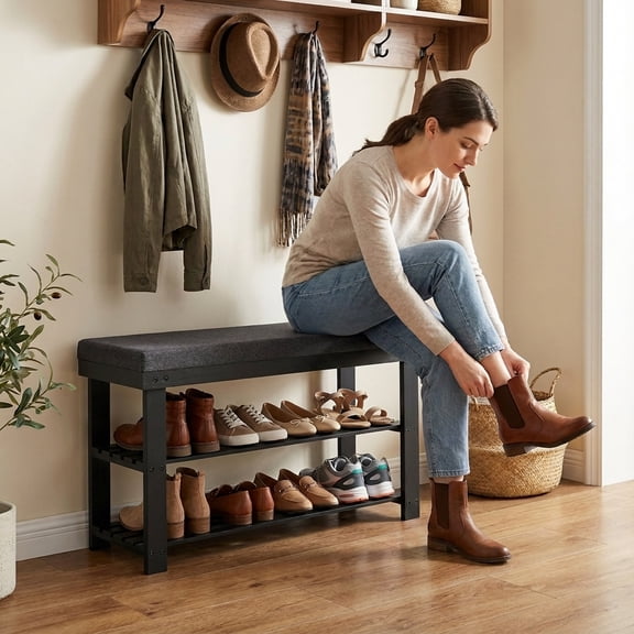 LEDREM Shoe Bench with Cushion, 3-Tier Sturdy Entryway Shoe Rack Organizer, Black and Gray