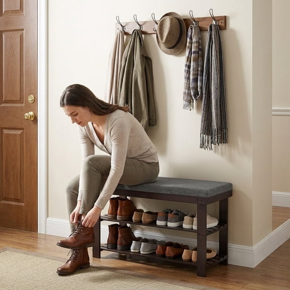 LEDREM Shoe Bench with Cushion, 3-Tier Sturdy Entryway Shoe Rack Organizer, Brown and Gray
