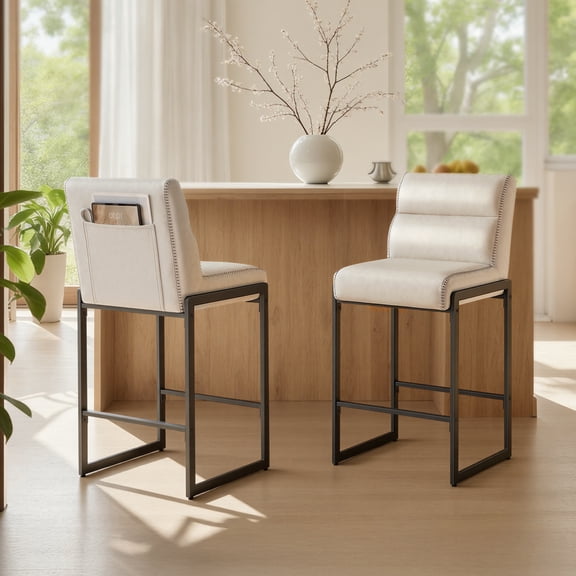 LEDREM Bar Stools Set of 2, Counter Height Dining Chairs with Backs & Ergonomic Seat, Mid-Century Modern with Synthetic Leather Stitching, Integrated Back Pocket, Cream White