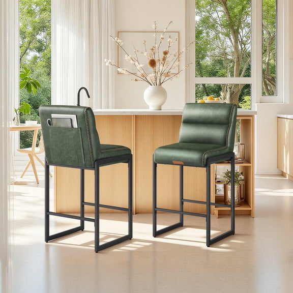 LEDREM Bar Stools Set of 2, Counter Height Dining Chairs with Backs & Ergonomic Seat, Mid-Century Modern with Synthetic Leather Stitching, Integrated Back Pocket, Forest Green