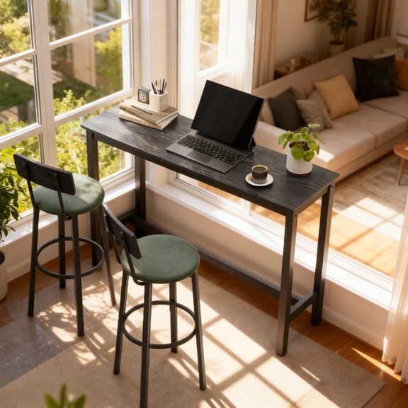 LEDREM Bar Stools Set of 2,PU Upholstered Breakfast Chairs with Backrest & Footrest,29.7-inch Counter Bar Stools,Black and Forest Green