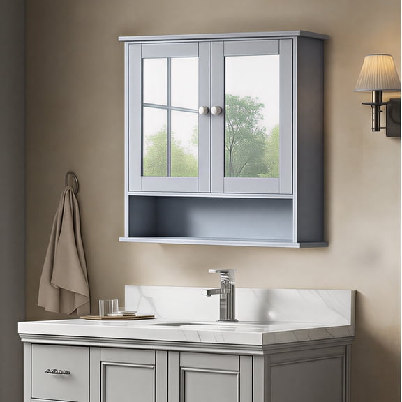 LEDREM Bathroom Cabinet with 2 Mirrored Doors, 22.2 Inch Wall-Mounted Medicine Cabinet with Adjustable Shelf & Open Compartment, Dove Gray